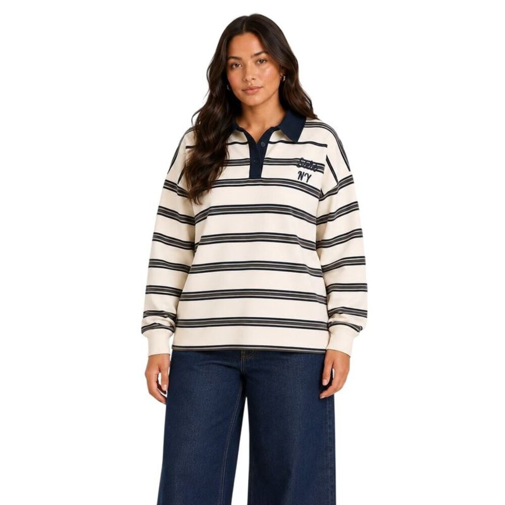 I Saw It First Womens/Ladies Stripes Long-Sleeved Polo Shirt / White/Black